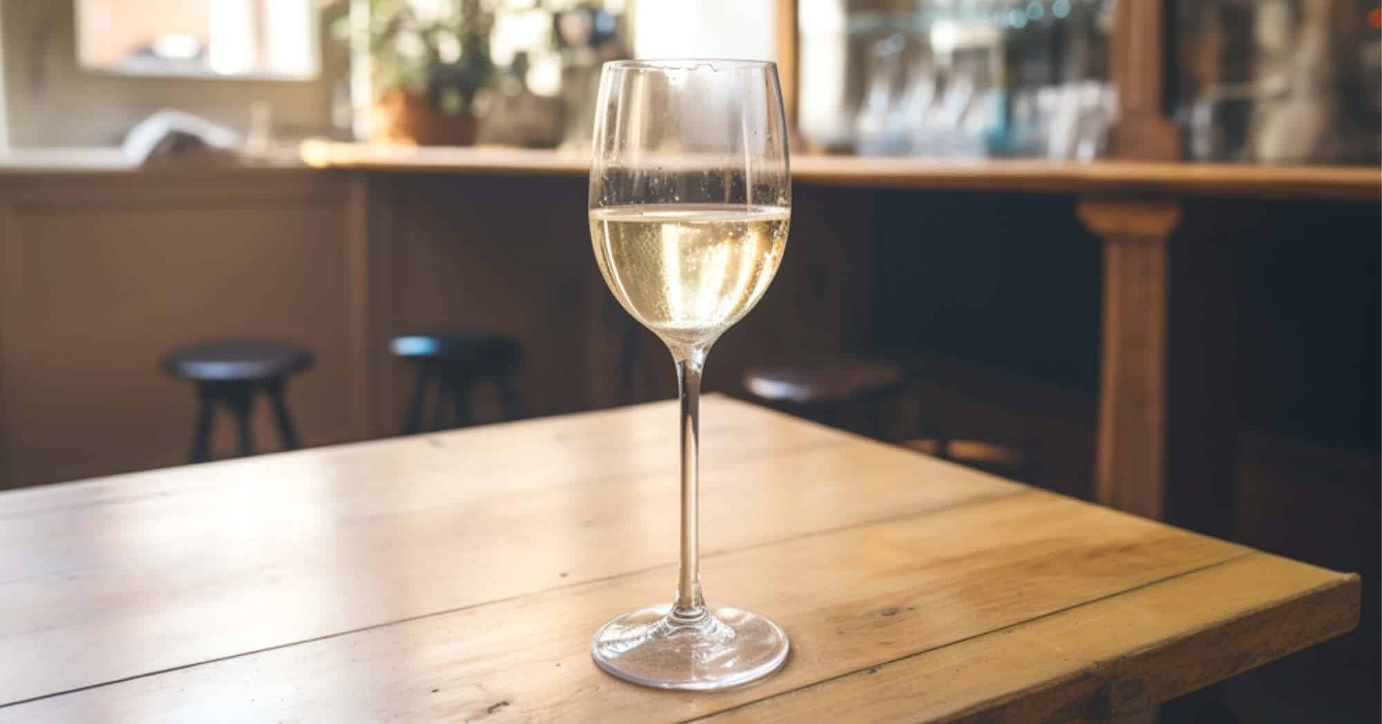 Glass of prosecco on wooden table