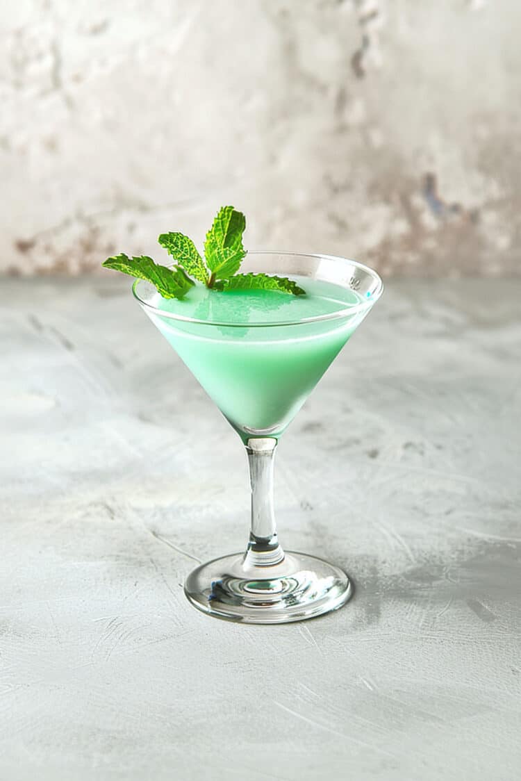 Creamy green Grasshopper drink with mint sprig