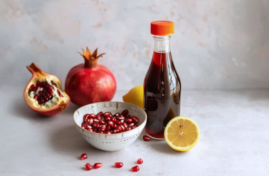 Bottle of homemade grenadine surrounded by a bowl of pomegranate seeds and half a lemon