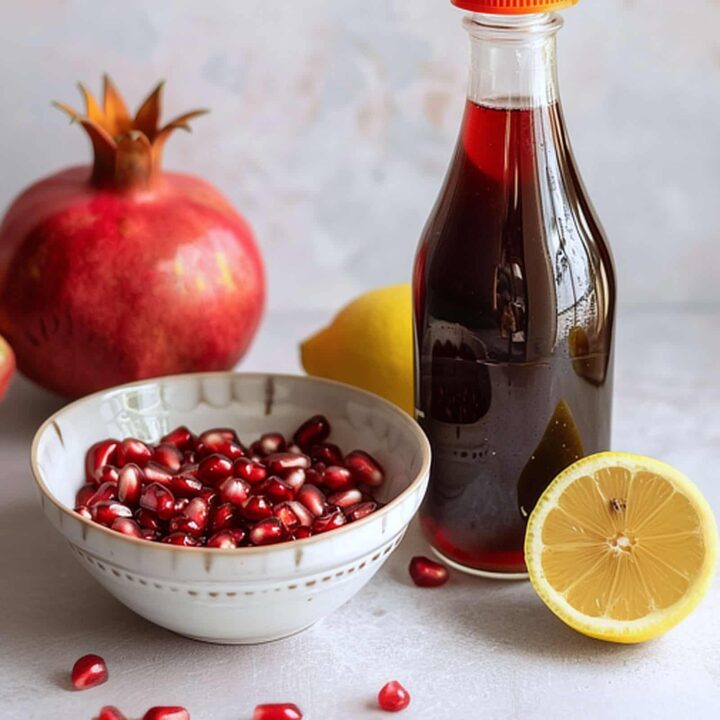 Bottle of homemade grenadine surrounded by a bowl of pomegranate seeds and half a lemon