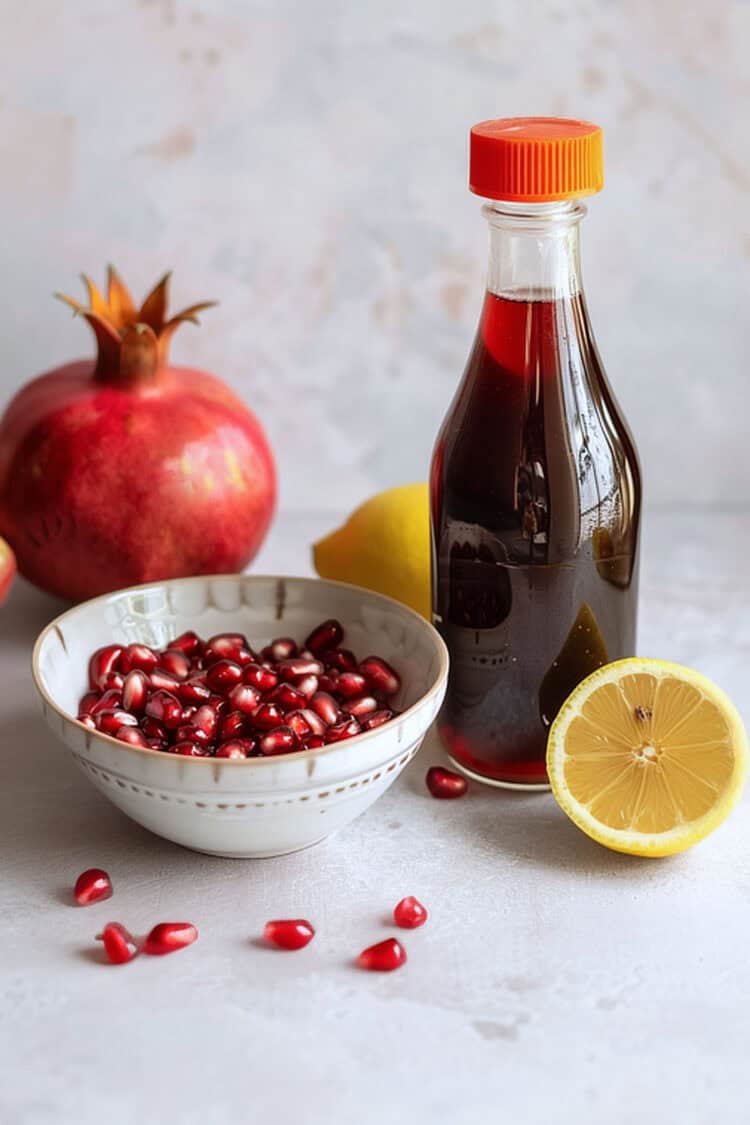 Bottle of homemade grenadine surrounded by a bowl of pomegranate seeds and half a lemon