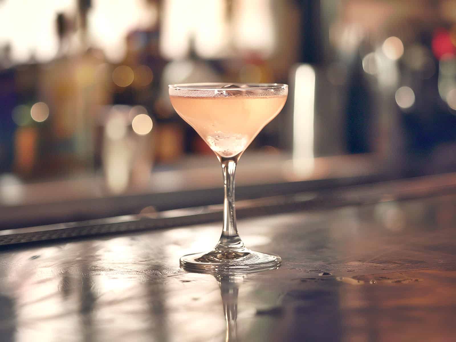 Pale pinkish Gun Barrel cocktail on bar counter