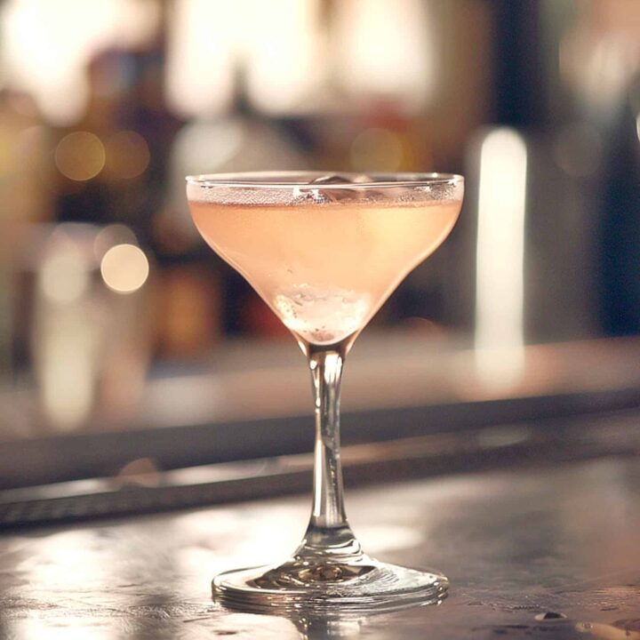 Pale pinkish Gun Barrel cocktail on bar counter