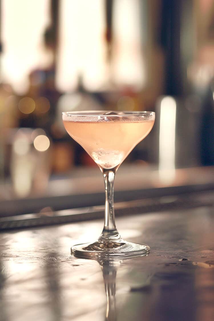 Pale pinkish Gun Barrel cocktail on bar counter