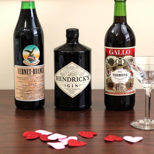 Bottles of Fernet-Branca, Hendricks gin and vermouth