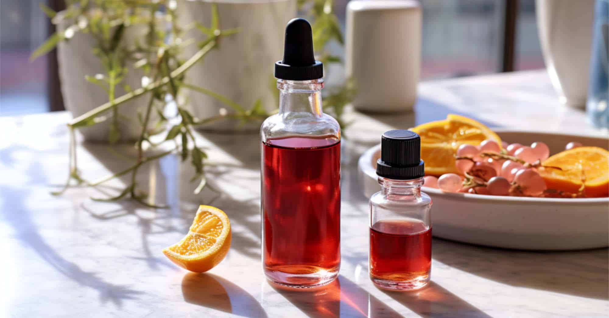 Bottles of cocktail bitters on table with fruit and herbs