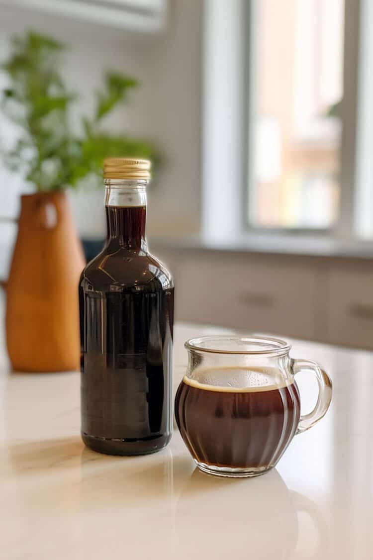 Bottle of homemade Kahlua liqueur next to a cup of coffee