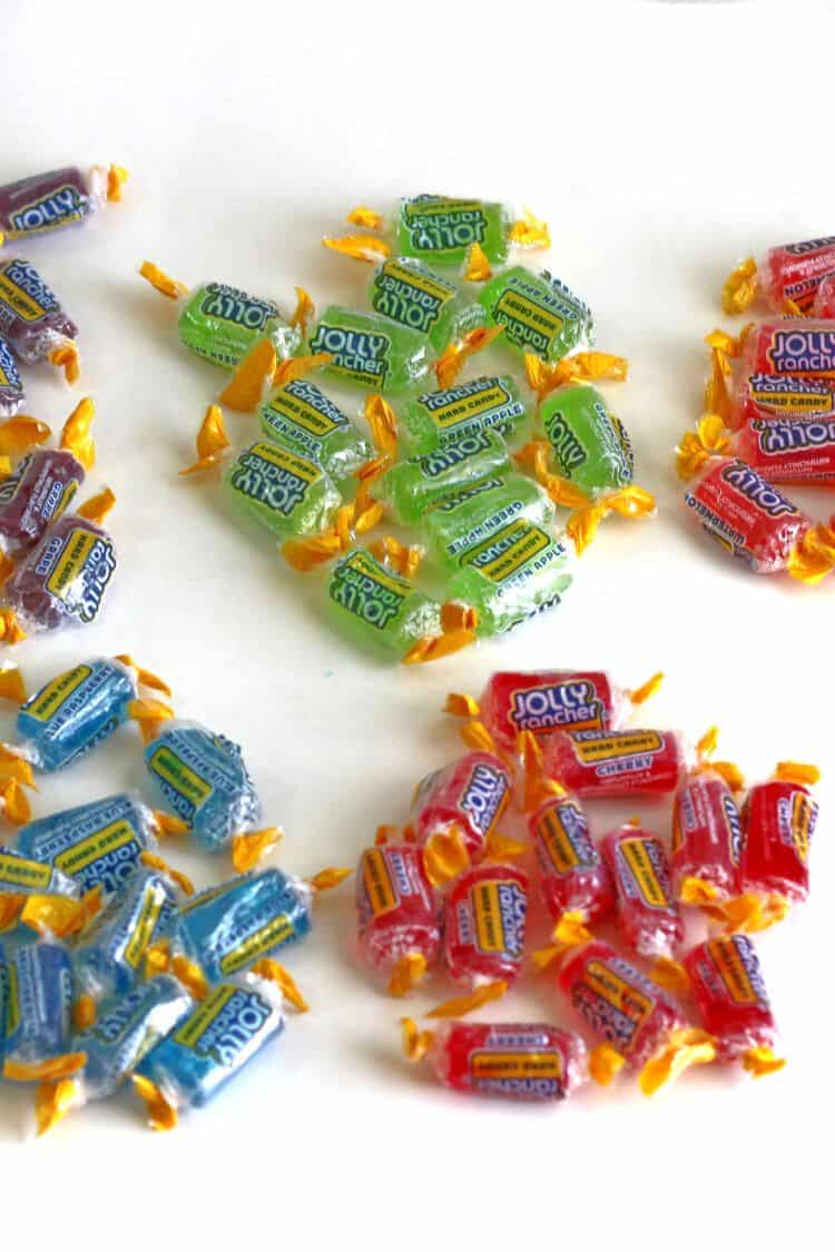 Sorted piles of Jolly Rancher candies to be added to vodka