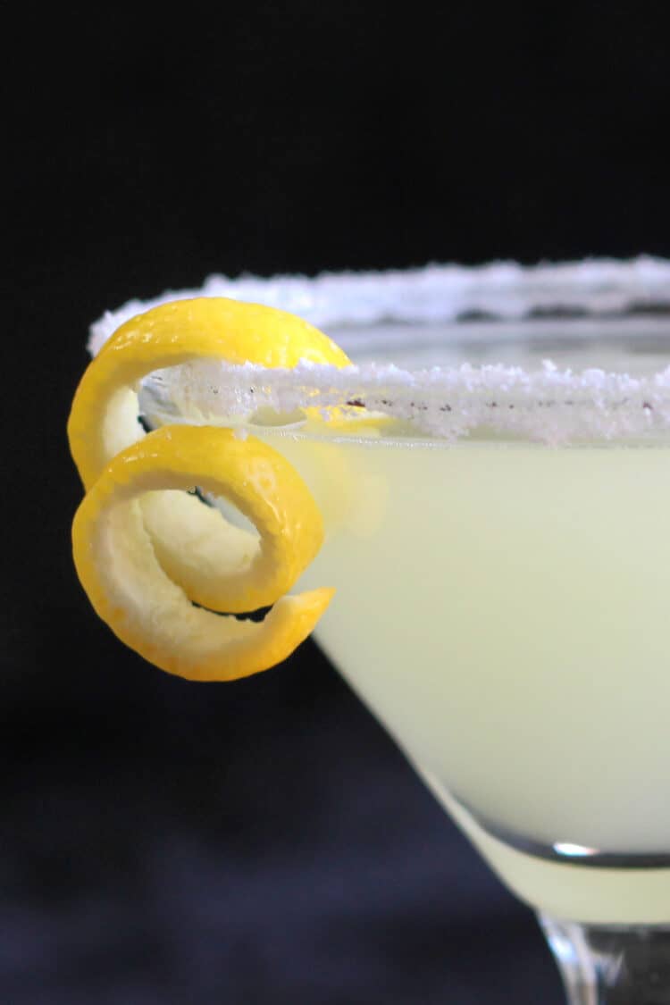 Closeup of lemon twist on Lemon Drop Martini