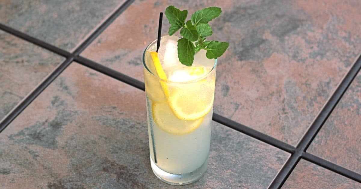 Limoncello Collins drink with lemon slices and mint sprig