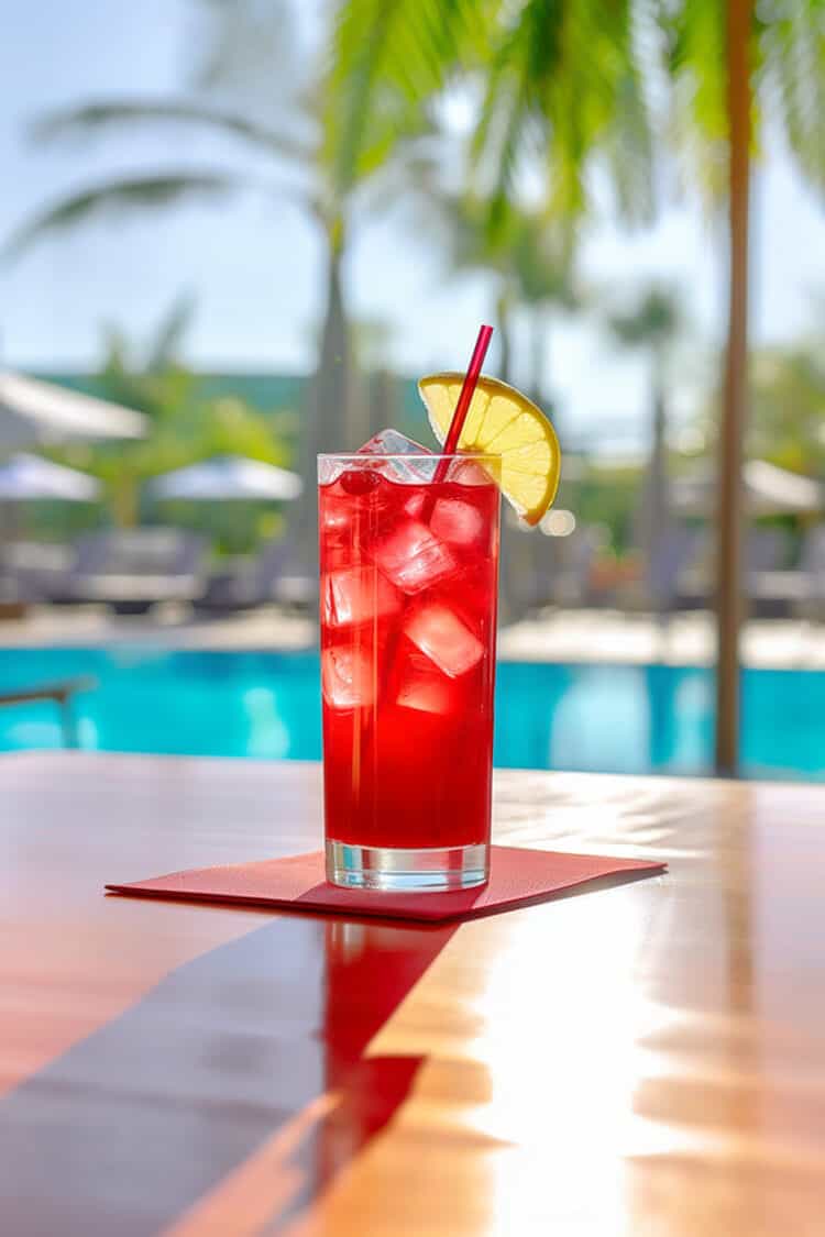 Long Beach Iced Tea cocktail on table in front of beach