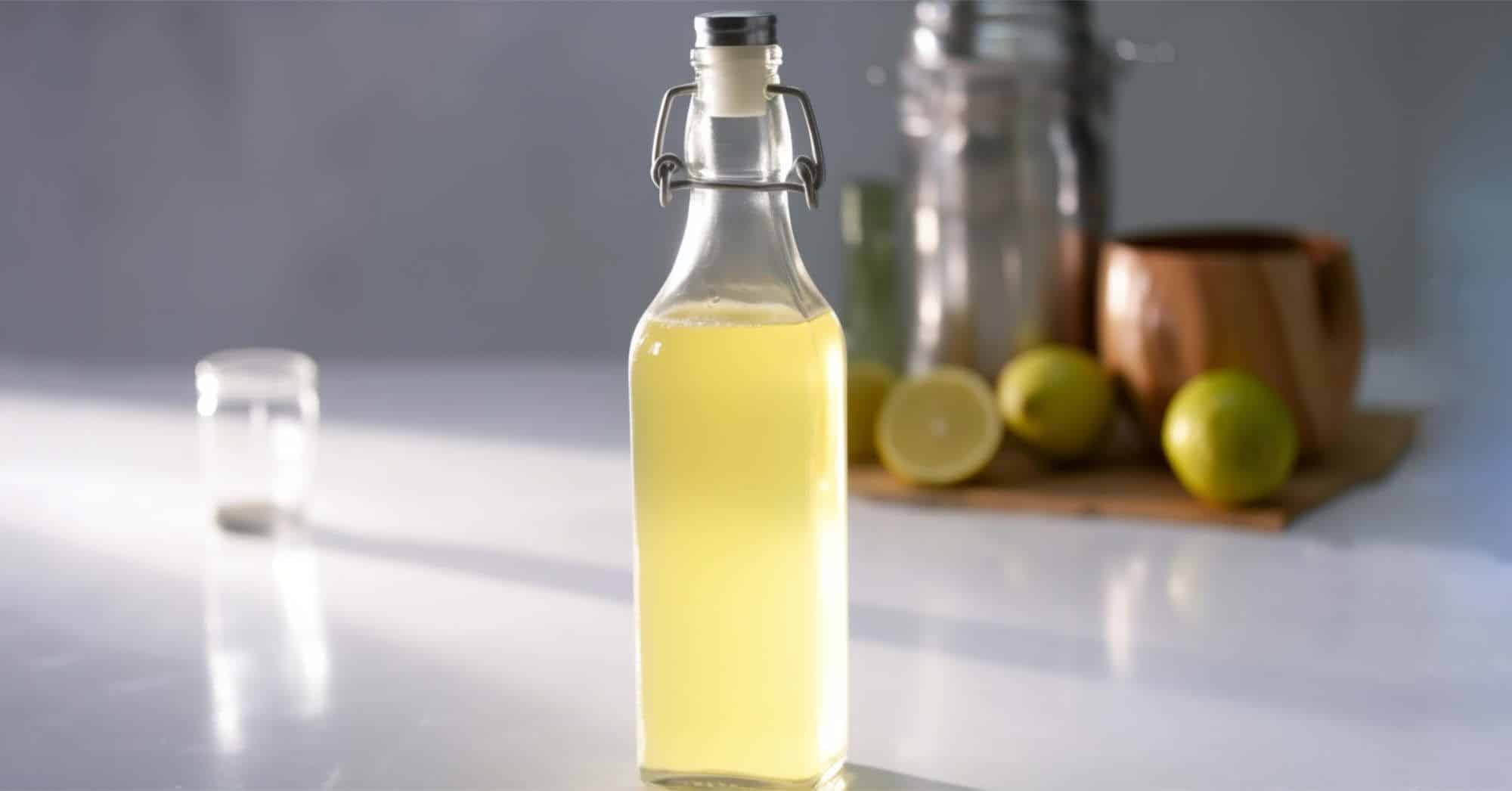 Homemade margarita mix in glass bottle on counter