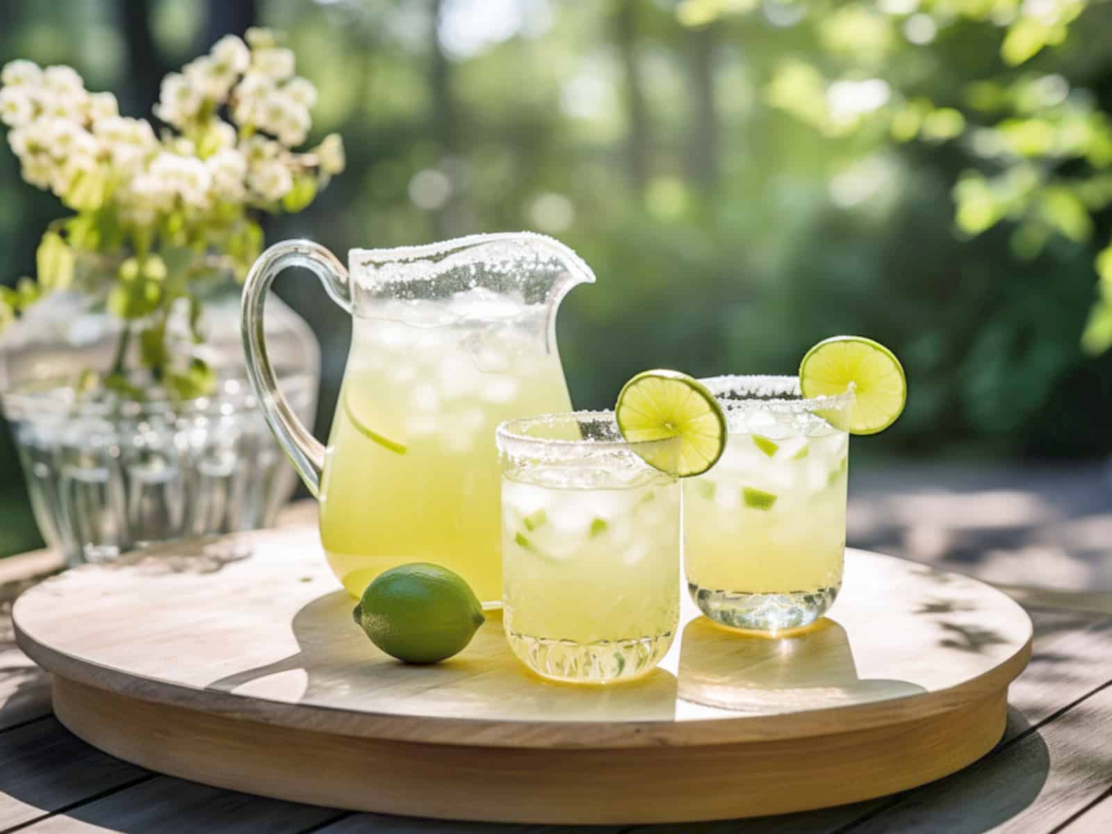 Pitcher of margaritas next to two margarita glasses