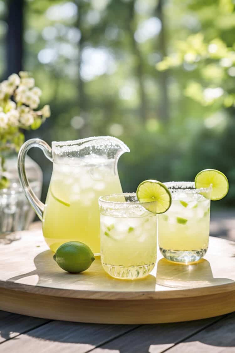 Pitcher of margaritas next to two margarita glasses