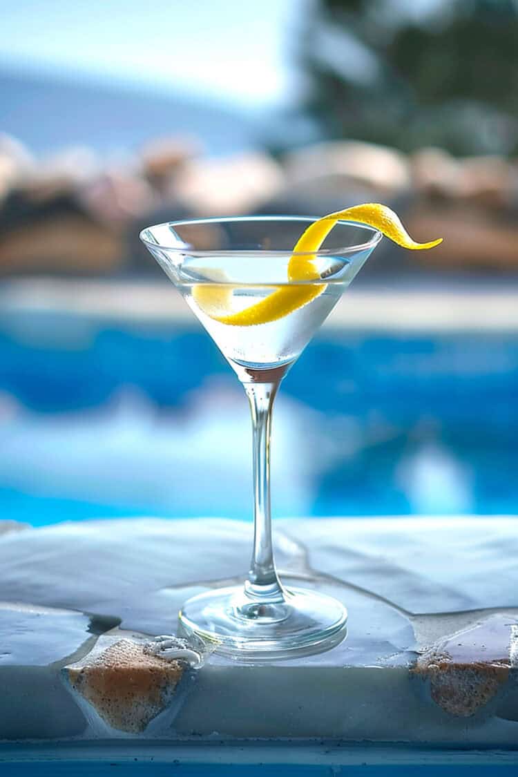 Martini with a lemon twist by a pool