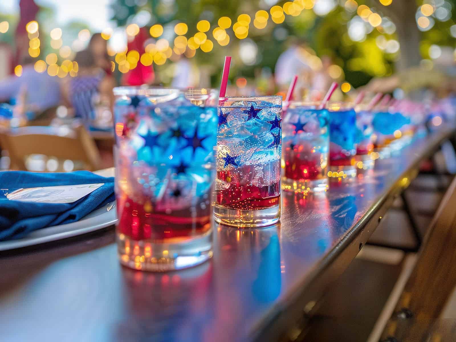 Red and blue cocktails lined up on a table outside