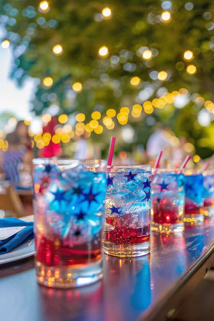 Red and blue cocktails lined up on a table outside