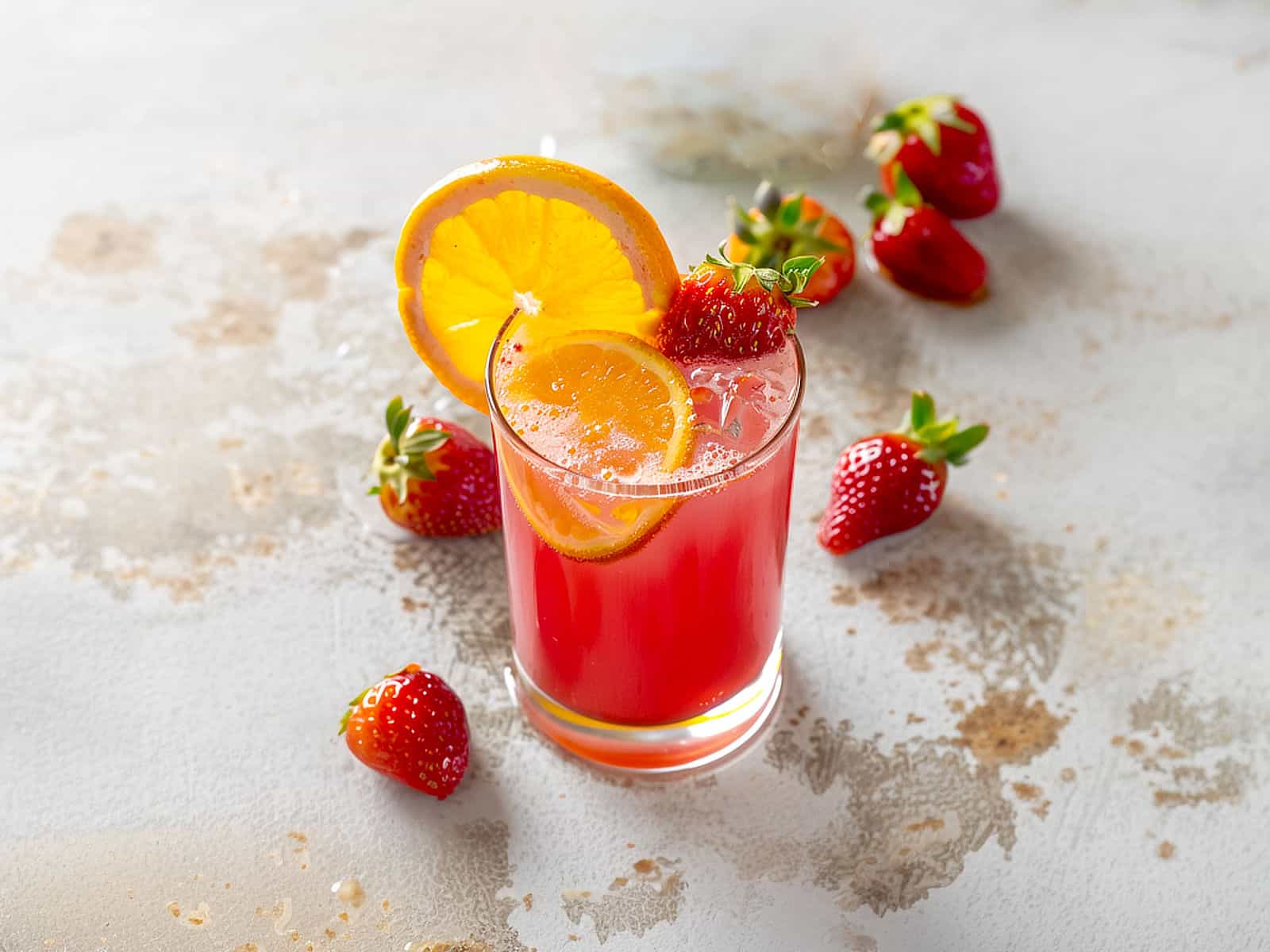 Mirage cocktail in rocks glass with orange and strawberry garnish