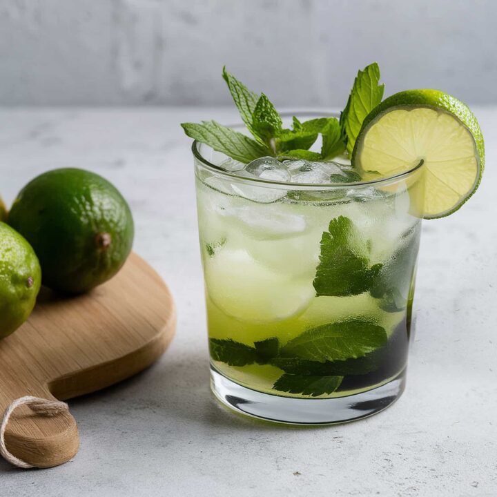 Mojito drink with lime and mint garnish