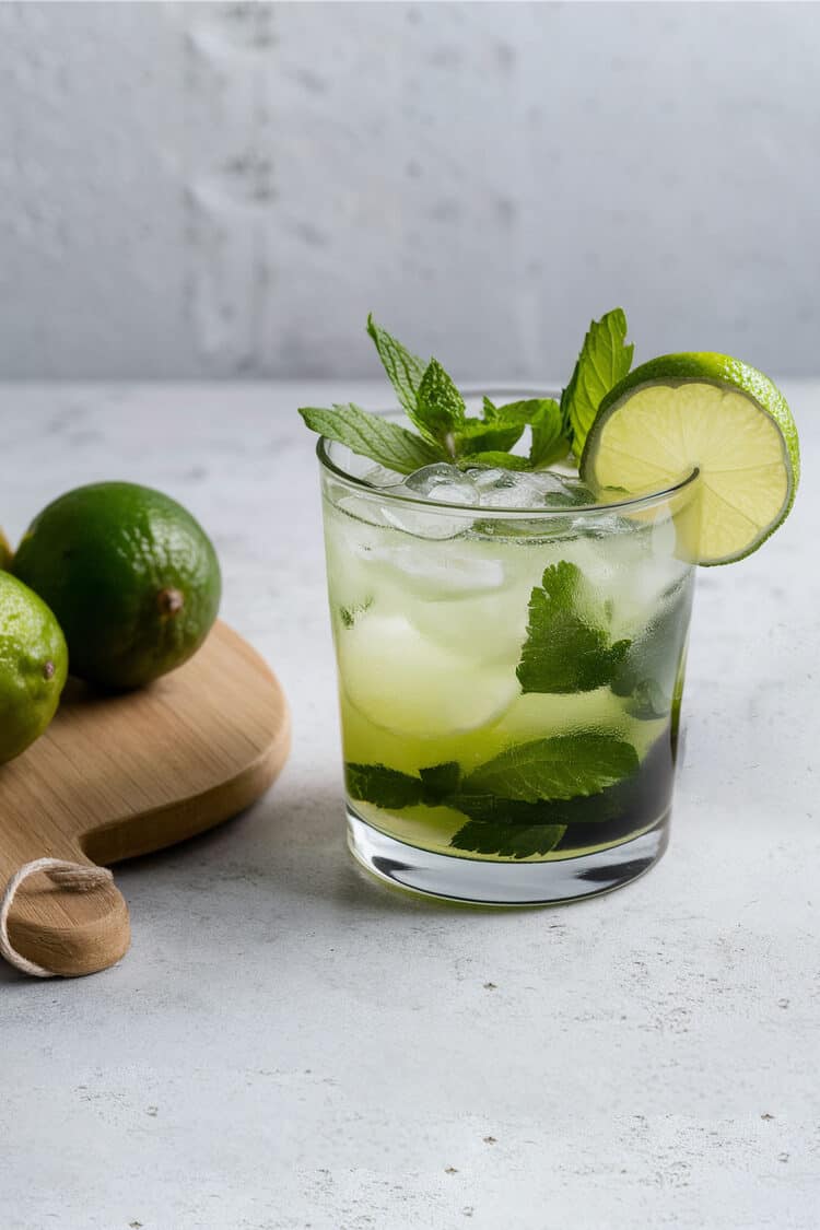 Mojito drink with lime and mint garnish