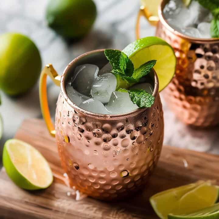 Moscow Mule cocktails in copper mugs