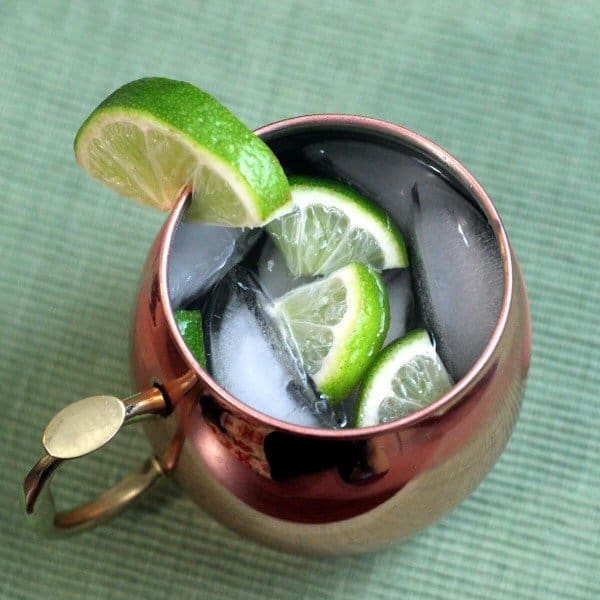 Overhead view of Moscow Mule in copper mug