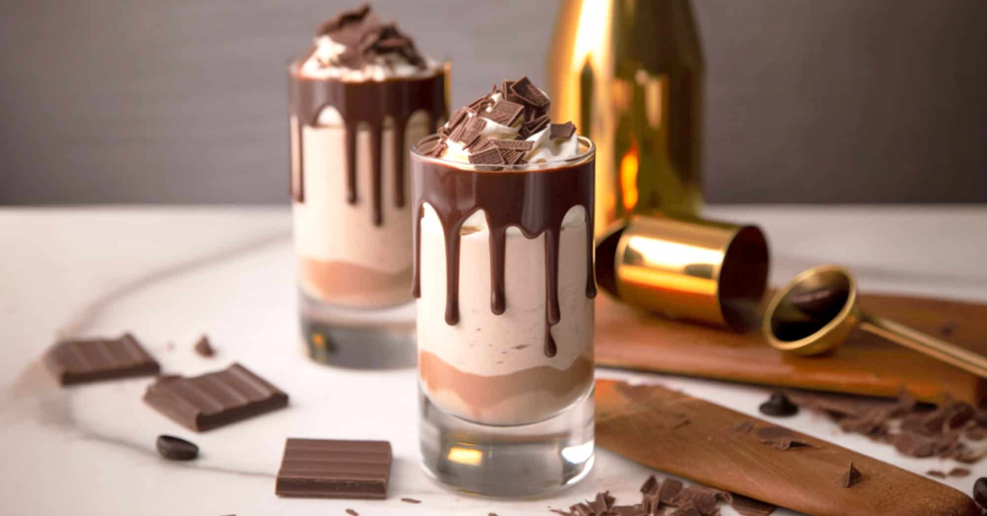 Two Mudslide cocktails in tall glasses with chocolate syrup and whipped cream