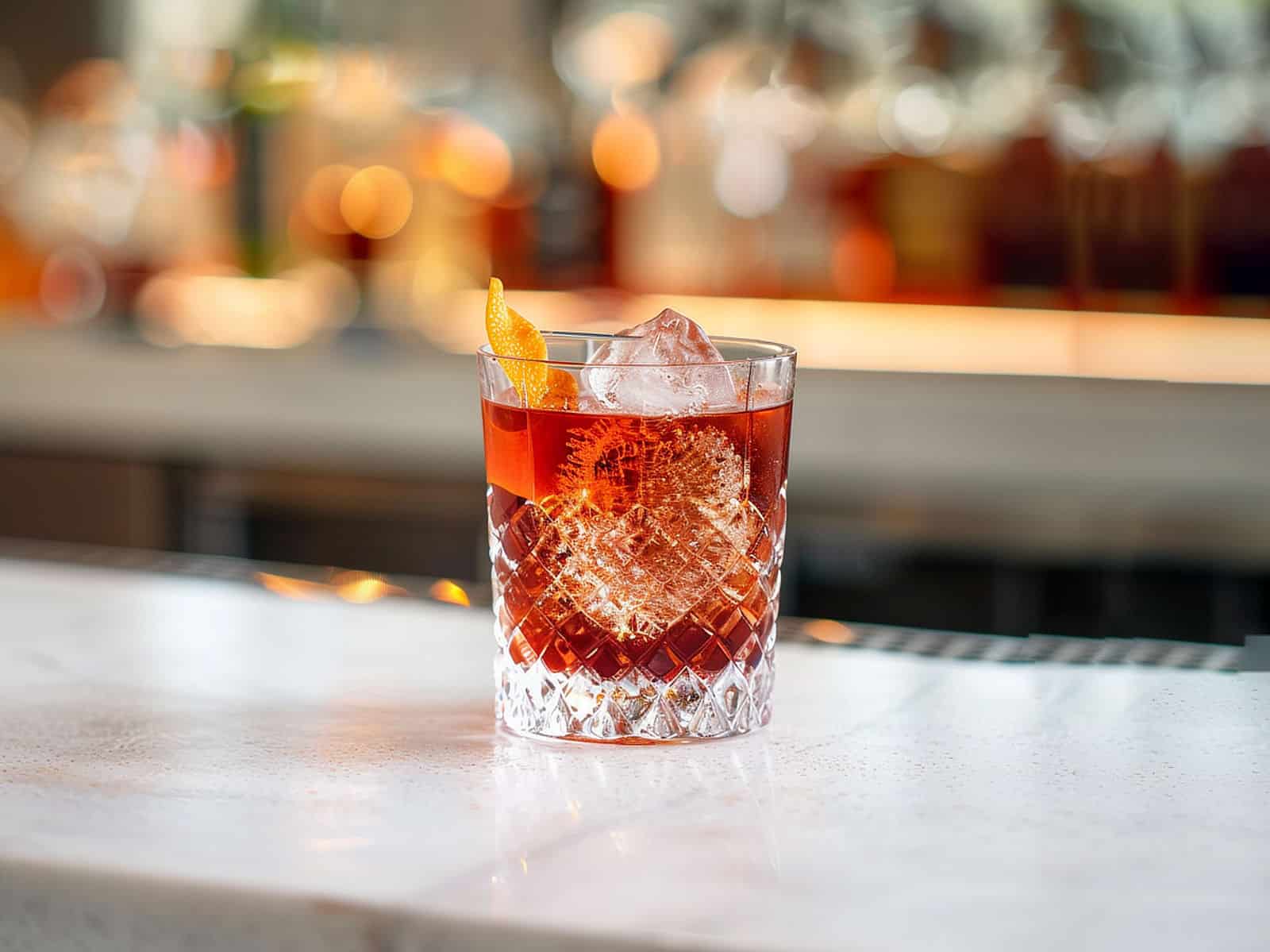 Negroni cocktail with orange twist on bartop