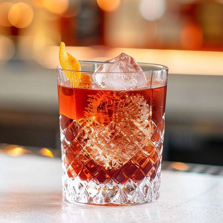 Negroni cocktail with orange twist on bartop