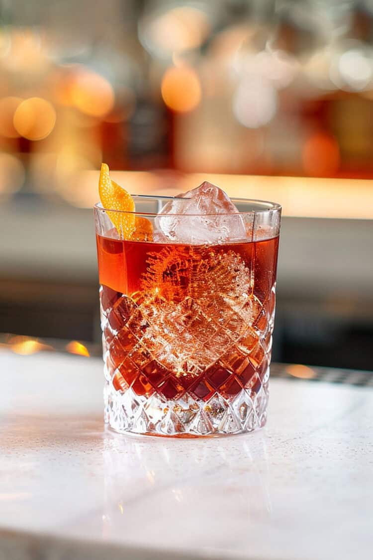 Bright red Negroni cocktails with orange twists