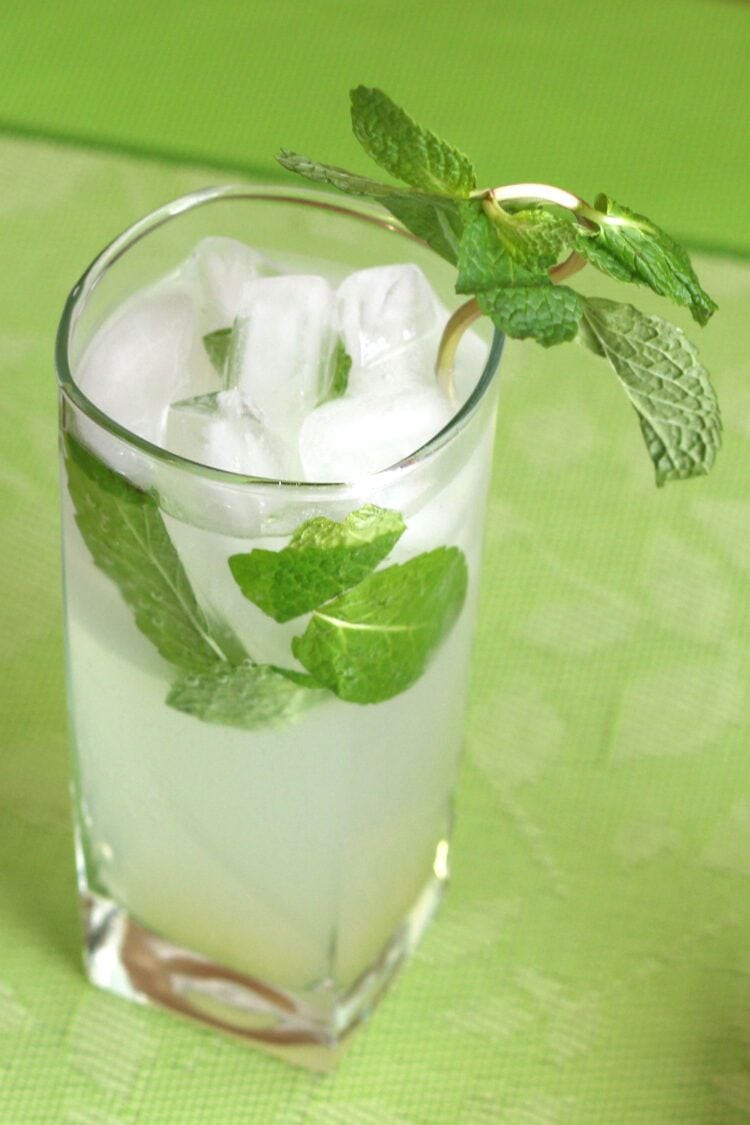 Nojito Mocktail with mint garnish on green placemat