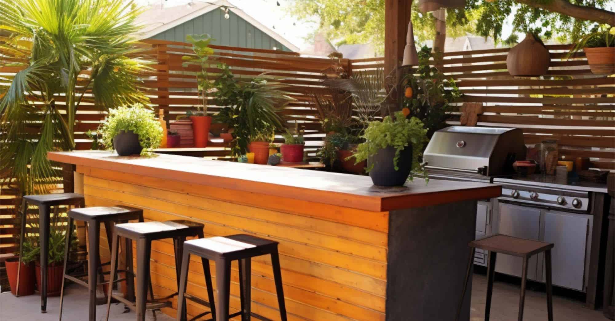 Wooden patio bar with stools outdoors