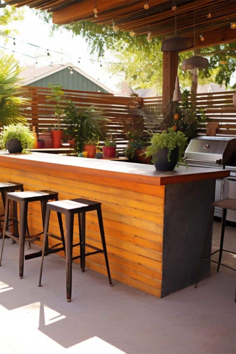 Wooden patio bar with stools outdoors