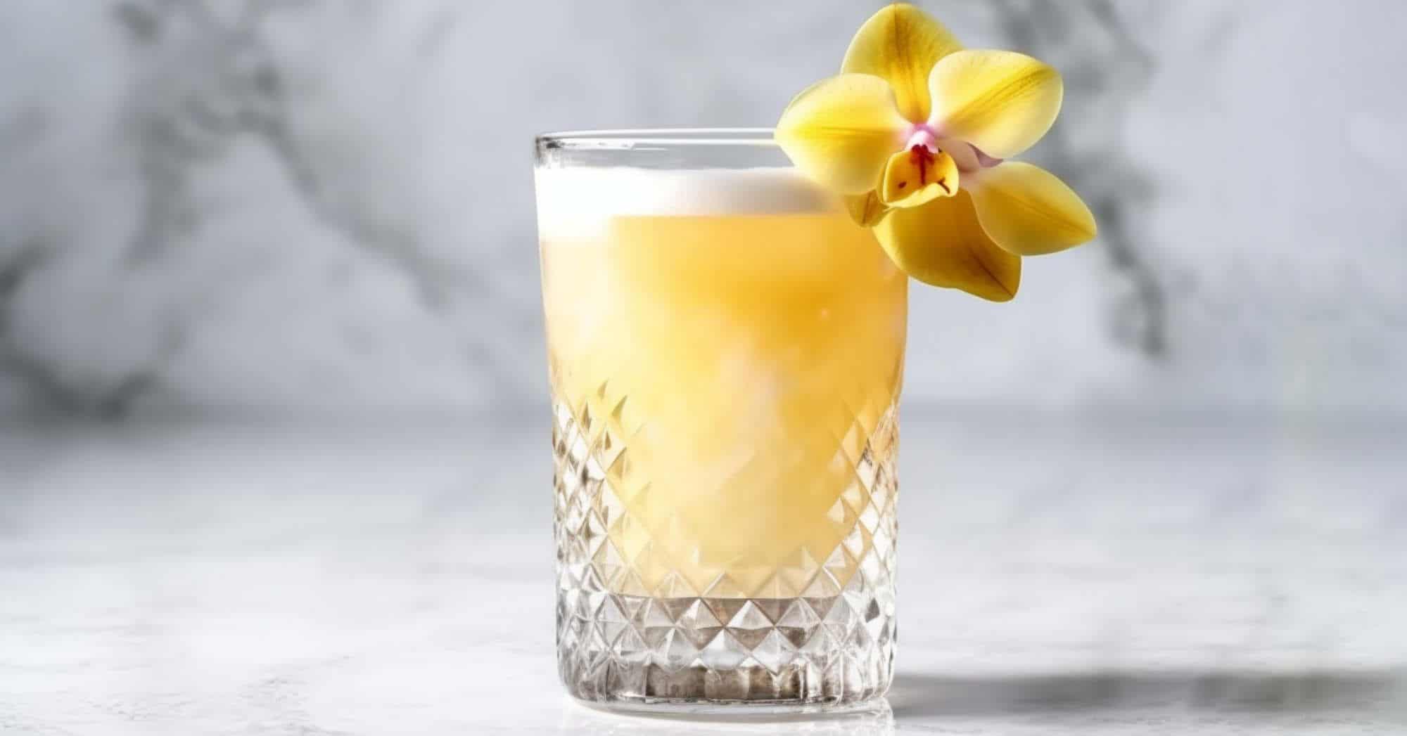 Pearl Diver cocktail garnished with an edible orchid