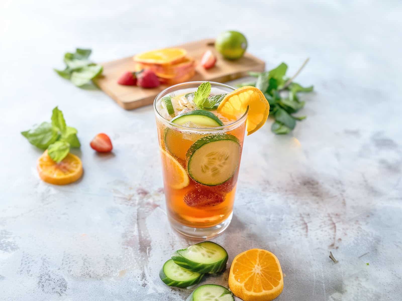 Pimm's Cup cocktail with fruit in glass beside sliced fruit on a cutting board