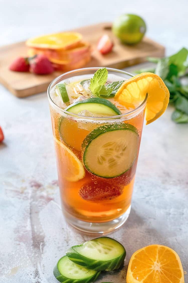 Pimm's Cup cocktail with fruit in glass beside sliced fruit on a cutting board