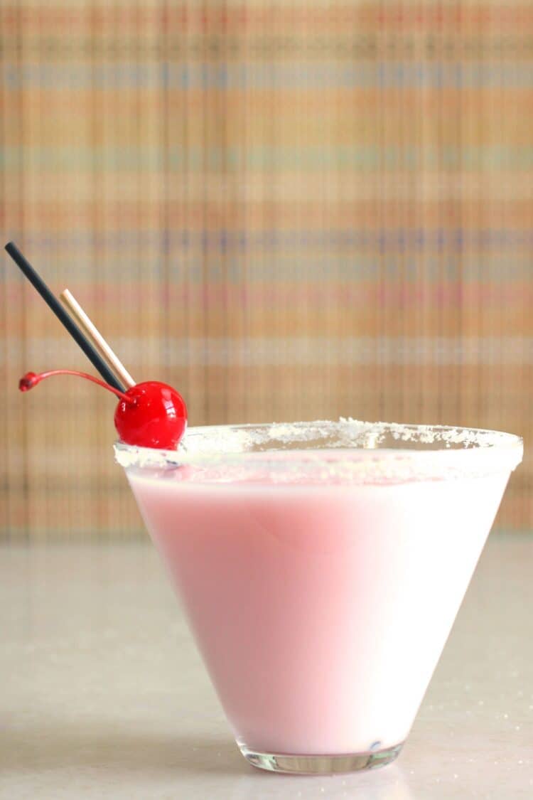 Pink Diamond drink with cherry and sugar rim