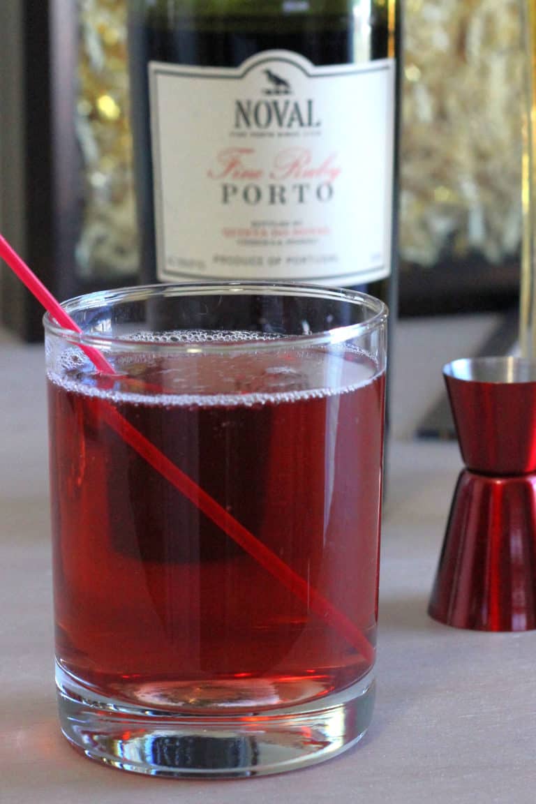 Closeup of Port Elderflower cocktail on table