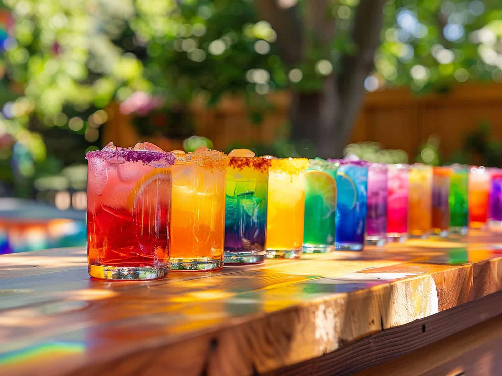 Cocktails in many colors lined up on a table outdoors
