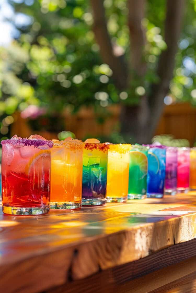 Cocktails in many colors lined up on a table outdoors