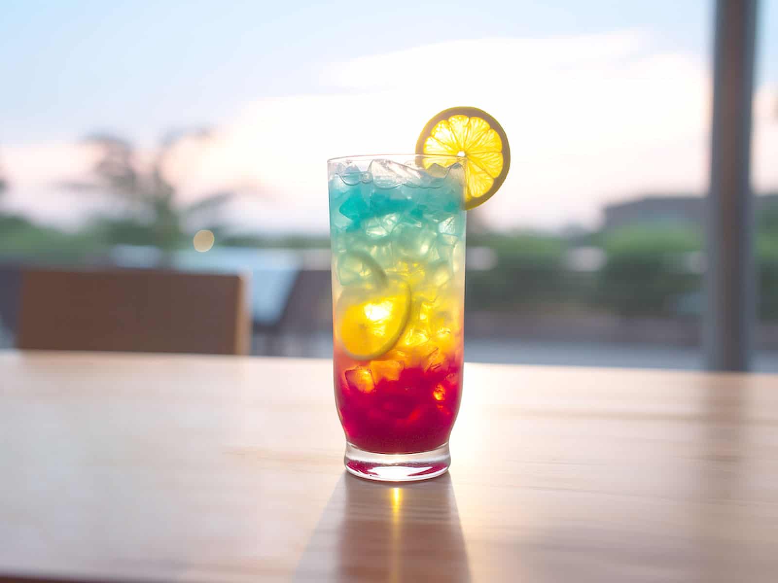 Rainbow Paradise cocktail on table in front of beach background