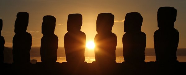 Sun behind Easter Island statues