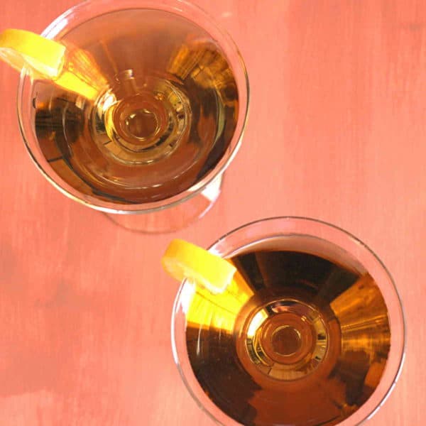 Overhead view of two Resolute cocktails lined up on table