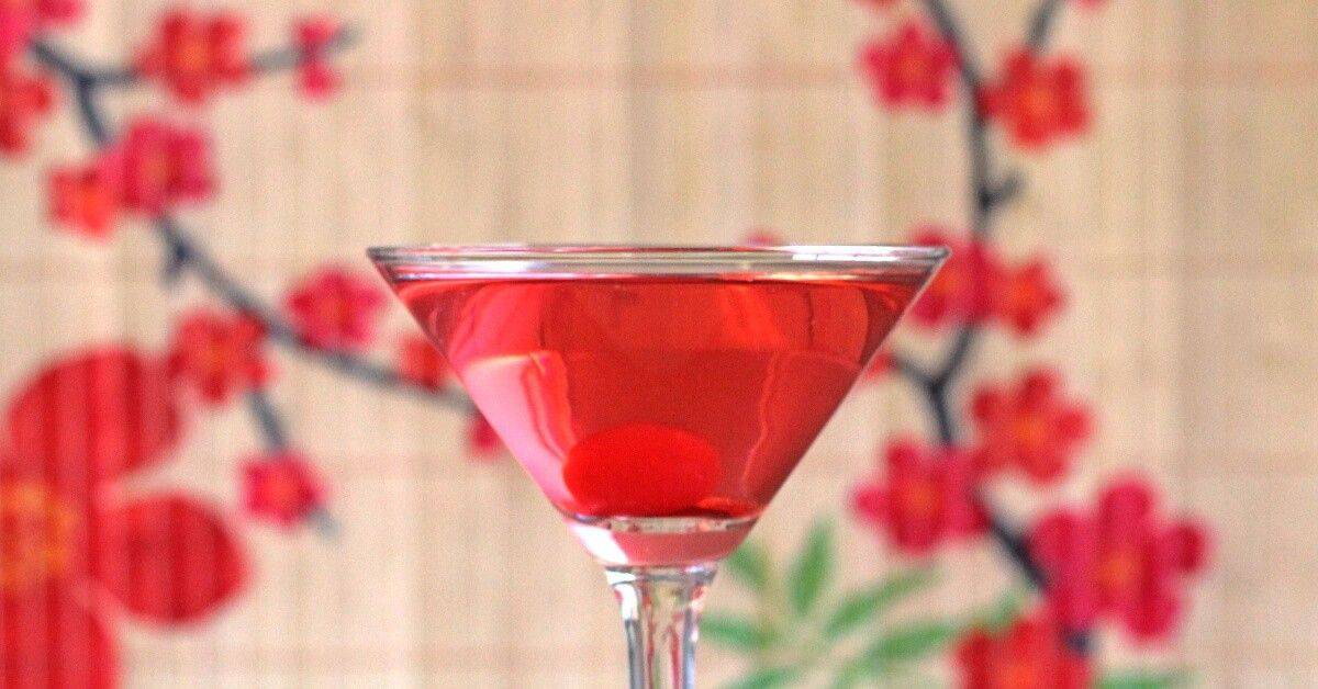 Bright red Robin's Nest cocktail in martini glass in front of patterned background