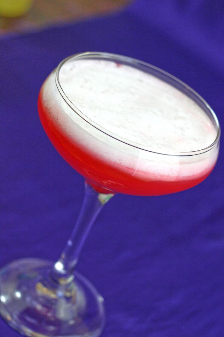 Tilted angle view of Royal Clover Club Cocktail in champagne saucer