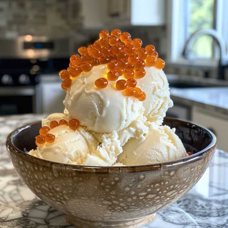 Rum Caviar over vanilla ice cream in a bowl