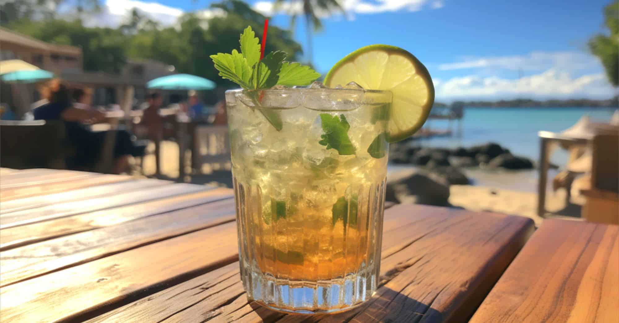 Glass of rum on pier in front of beach