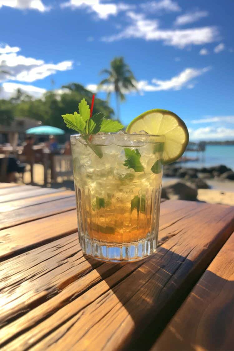 Glass of rum on pier in front of beach