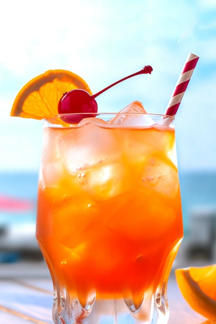 Rum Punch cocktail with cherry and orange garnish