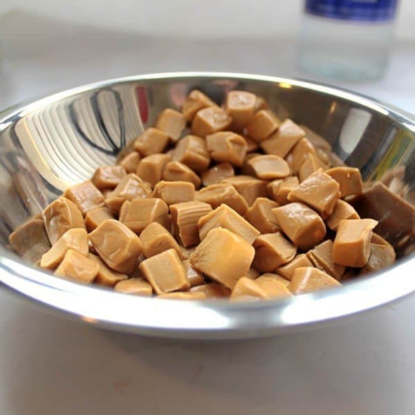 Chopped caramel candies in bowl